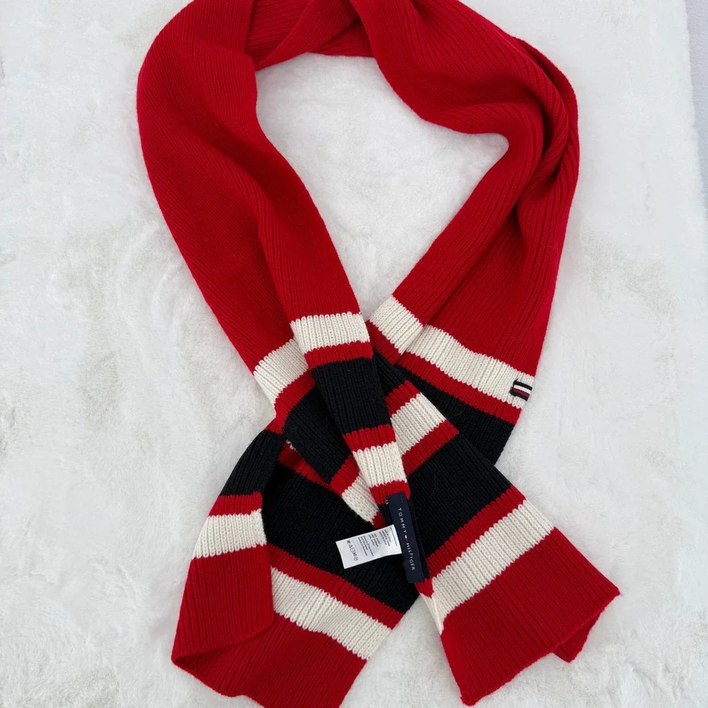 Tommy Hilfiger Scarf Unisex OS Red Striped‎ Ribbed Knit Winter Accessory